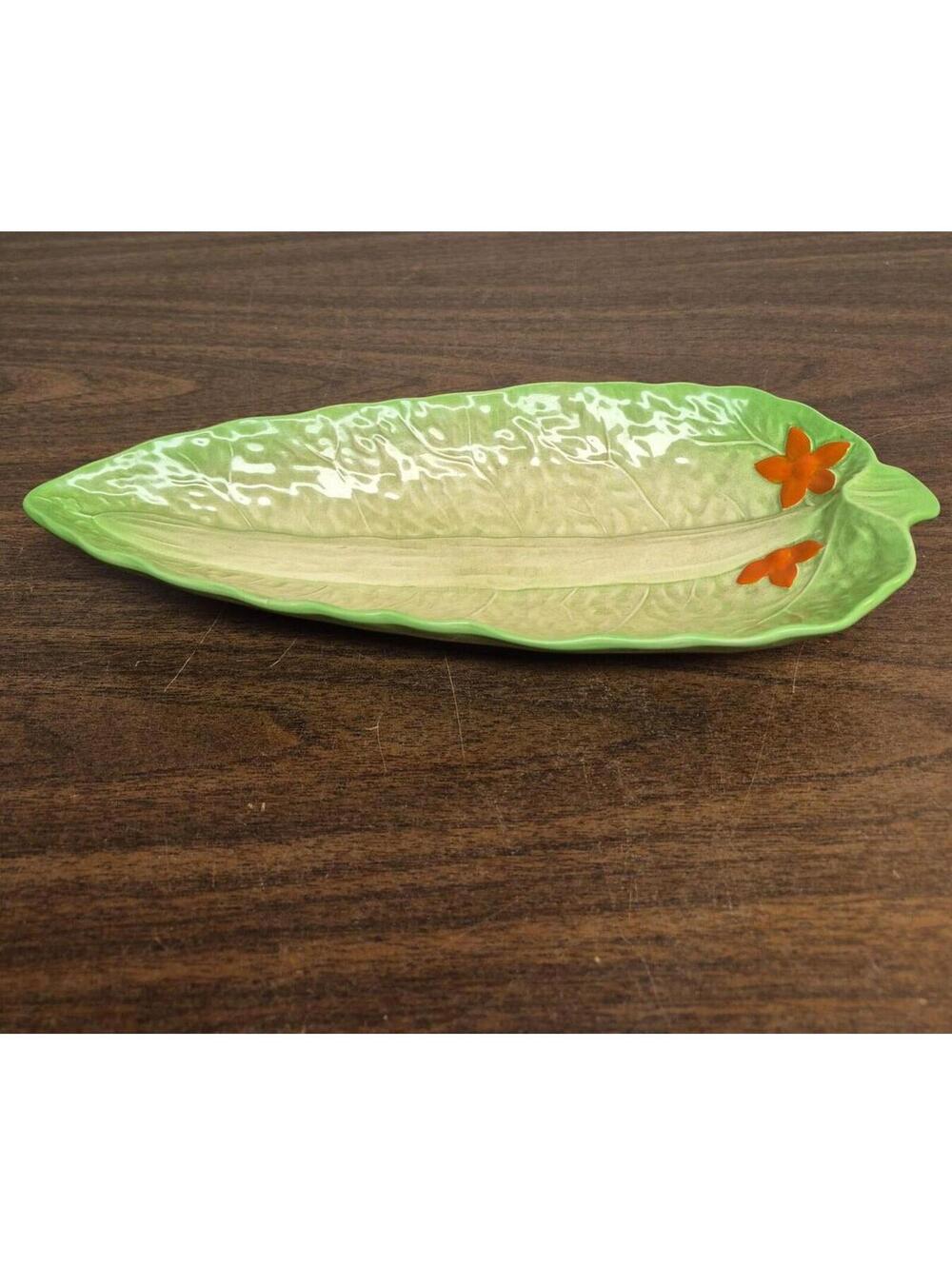 Beswick Ware Leaf Shaped Ceramic Dish with Orange Floral Detail